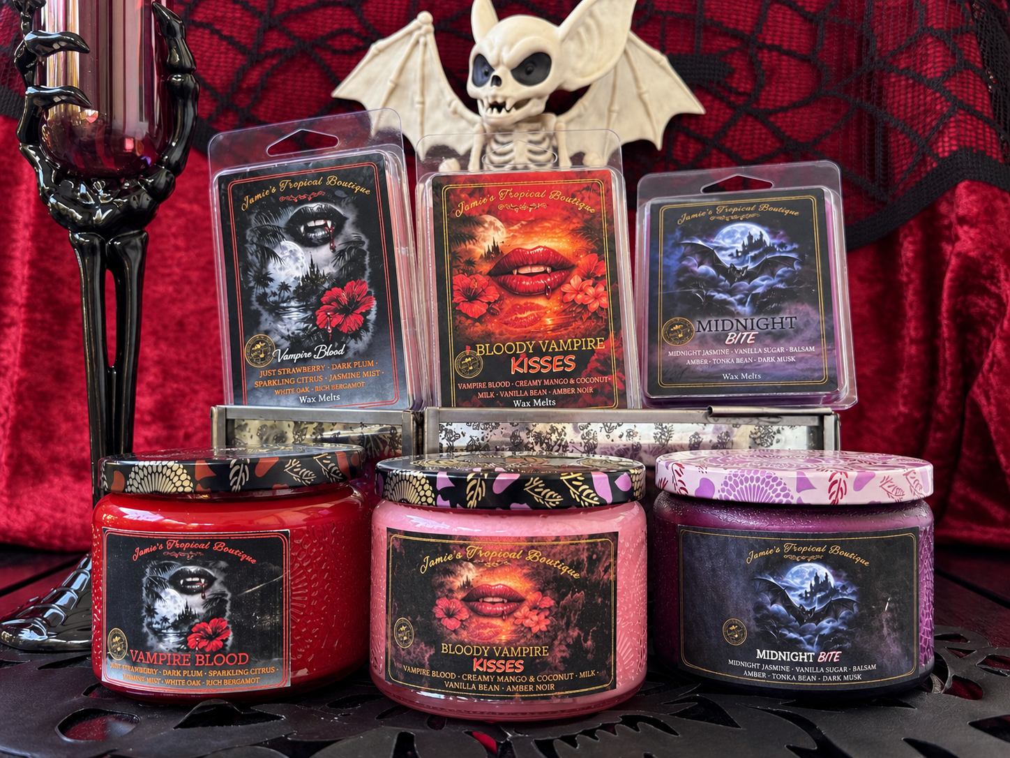 Vampire Blood, Bloody Vampire Kisses, and Midnight Bite candles and packaged melts in Jamie’s Halloween display